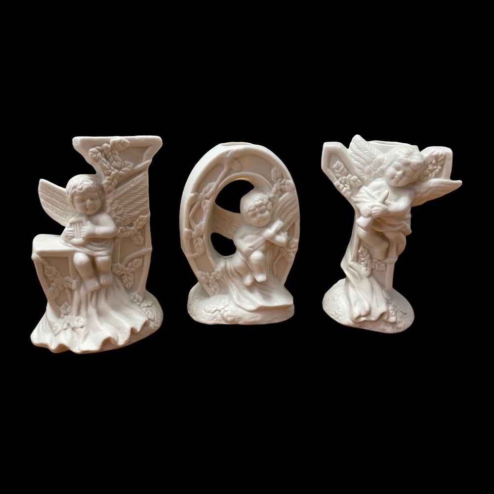 Three-Piece Alabaster Angel “Joy” Taper Holder Grouping